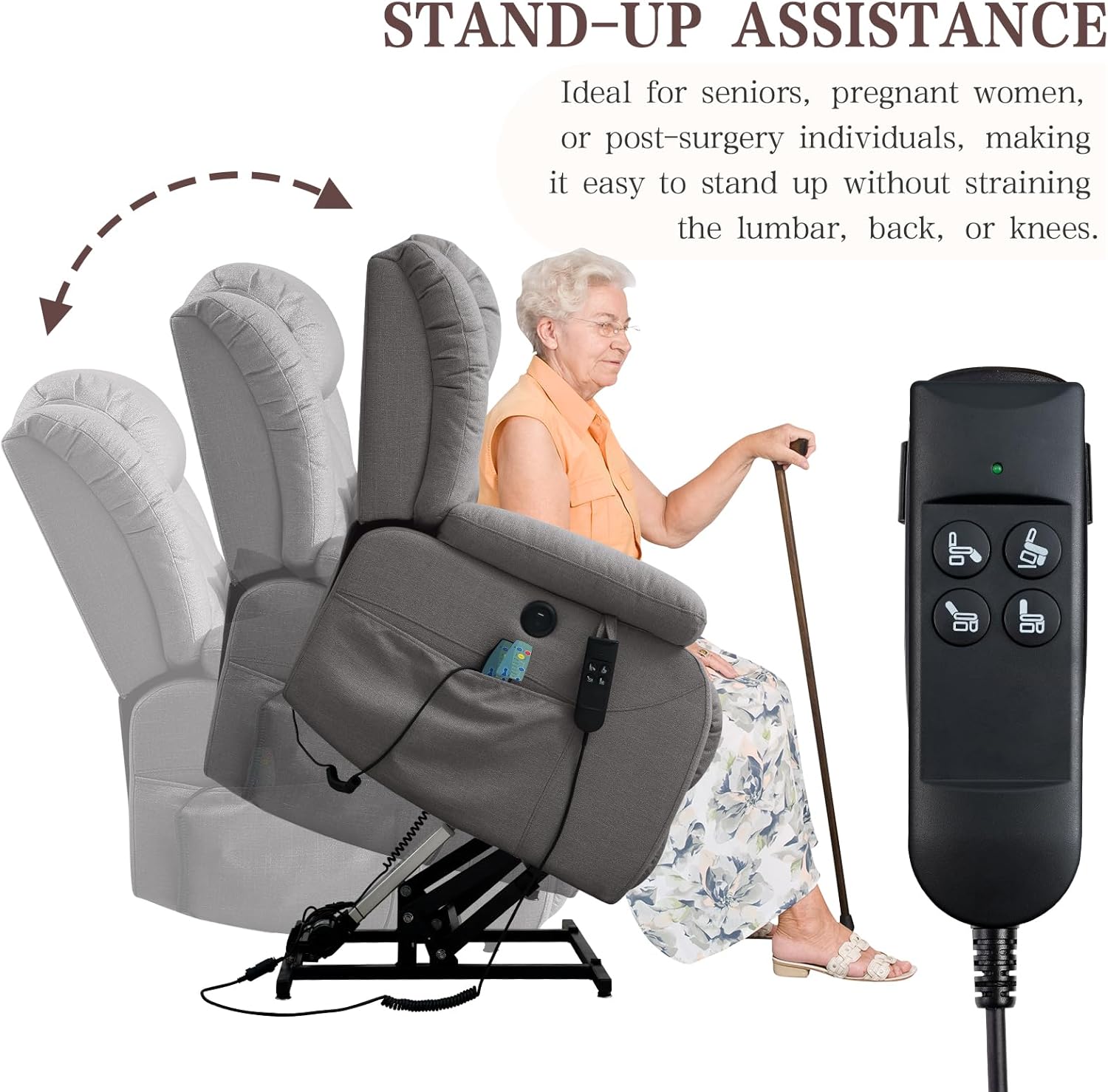 Infinite Position Lay Flat Lift Recliner Chair for Adults, Dual Motor Power Lift Chair for Elderly with Massage & Heating, USB Ports, Remote Control & Lumbar Pillow, Linen Fabric (Grey)