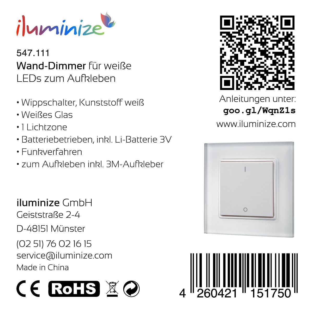 Design da parete Dimmer con interruttore a bilanciere per LED bianchi, 1 Zone, Funk, da incollare, Vetro bianco