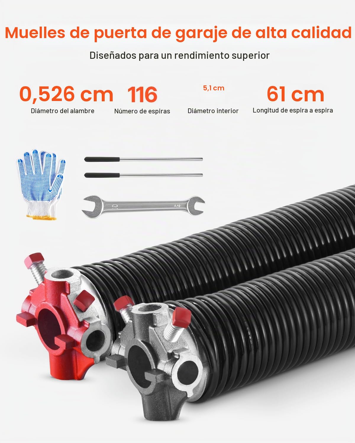 VEVOR Resortes de Torsión para Puertas de Garaje con Barras de Enrollado Antideslizantes y Guantes, Par de Φ5,26 x Φ50,8 x 618 mm, 16 000 Ciclos, Revestimiento Negro de Electroforesis para Reemplazo