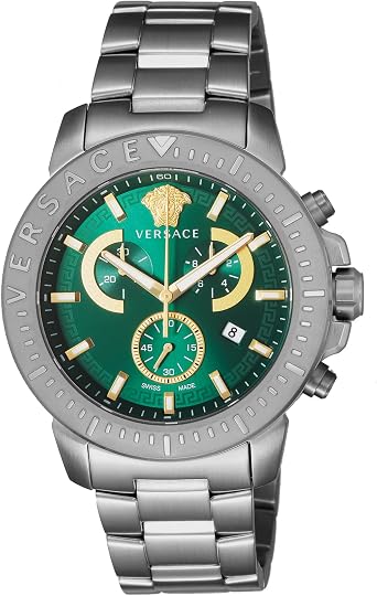 Versace VE2E00821 New Chronograph Mens Watch, Green Dial, Stainless Steel, Sapphire Glass, Silver