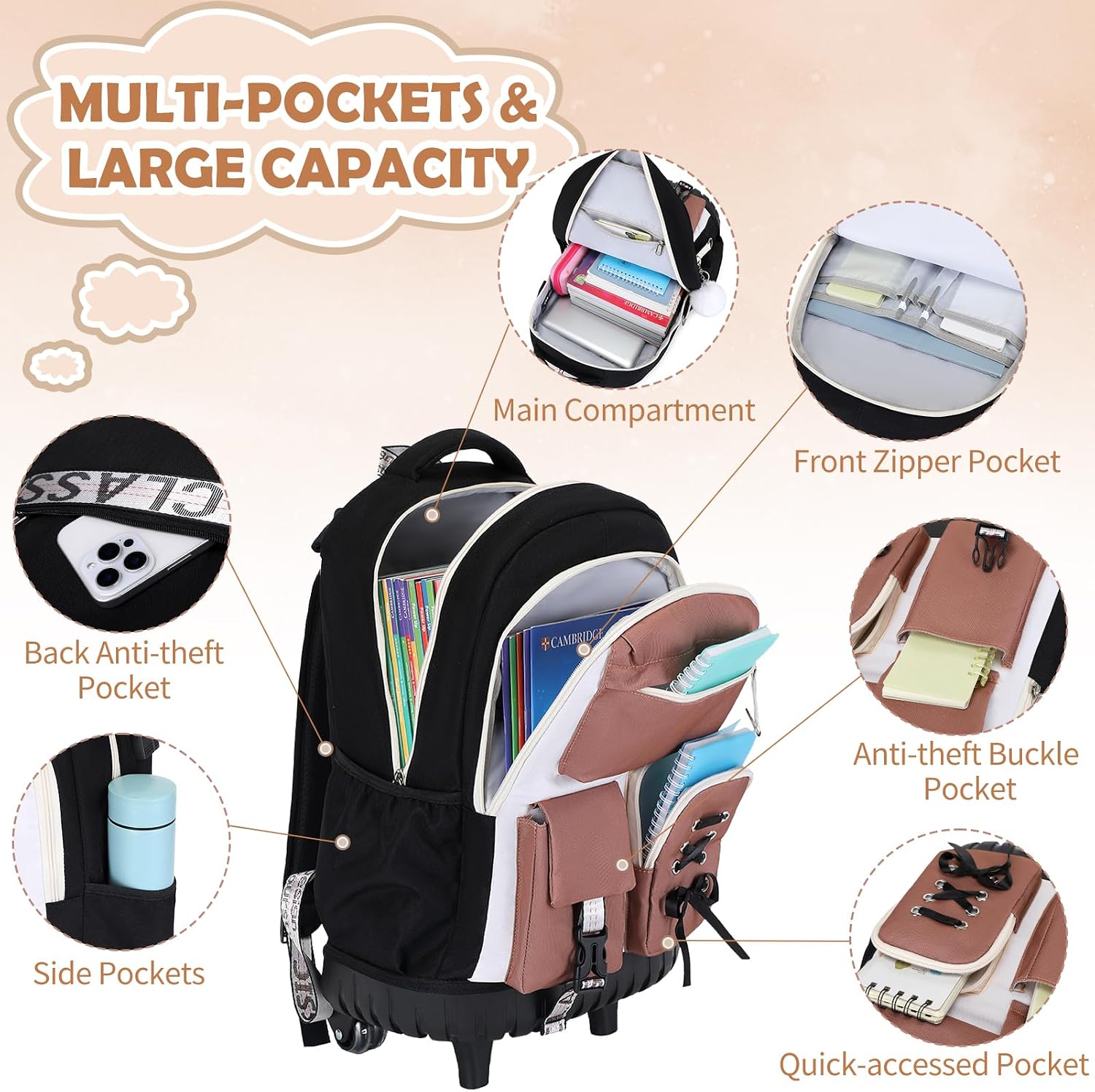 ACESAK 3PCS Teen Girls Rolling Backpack with Lunch Bag Set,Brown image 3