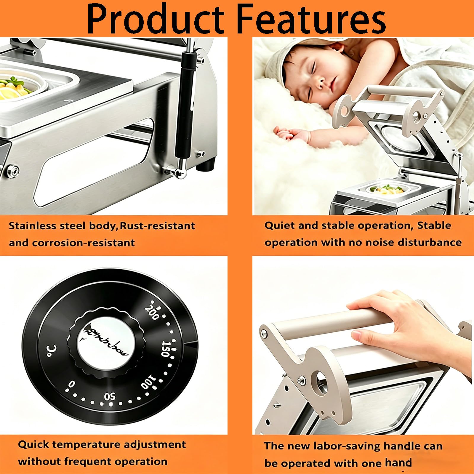 Selladora Manual de Acero Inoxidable – Máquina semiautomática para fiambreras, 7-8 sellados/min, Funciona con Film Blanco y Colorido, antigoteo – para pescaderías y asadores 20 * 14
