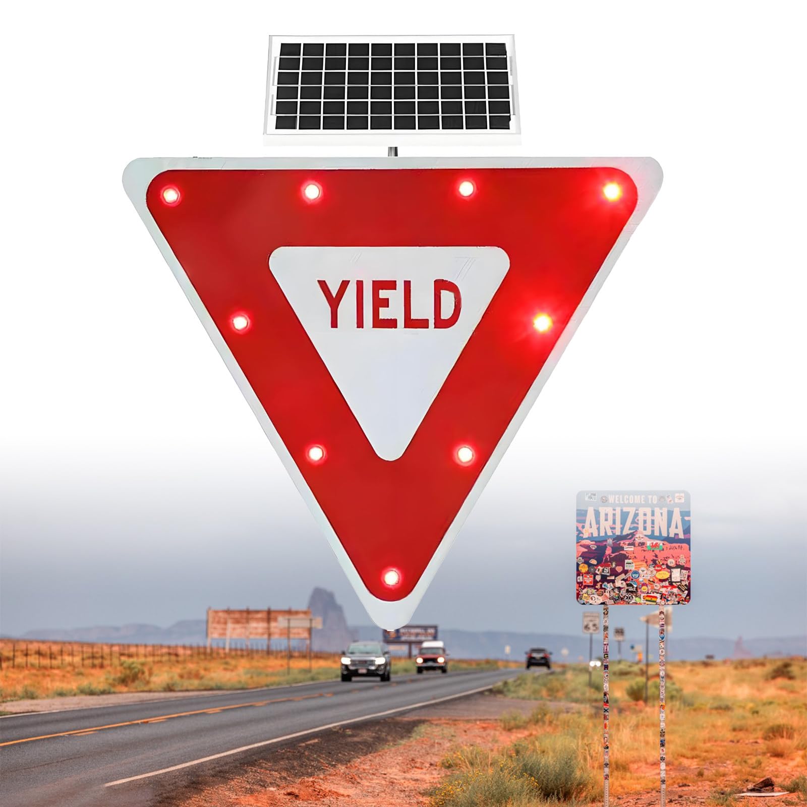 Señal De Ceda El Paso LED Solar De 61 Cm/71 Cm, Señal De Advertencia Vial LED Solar con Forma De Triángulo Invertido, Membrana De Alta Resistencia De Grado De Ingeniería 1Pc-24''