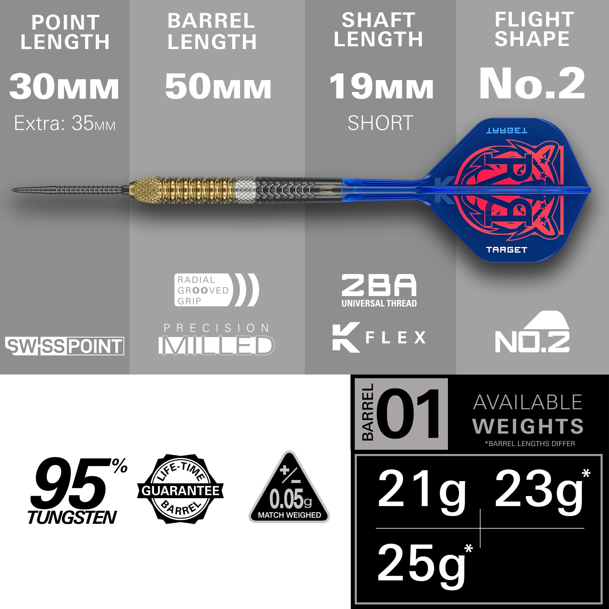 Target Darts Raymond Van Barneveld Jeu de Fléchettes Pointe en Acier de Génération 6, 21G/23G/25G | Fléchettes 95% Tungstène, Ailettes et Tiges K-Flex N° 2, Pointes Swiss Chrono Noires et Outil SP