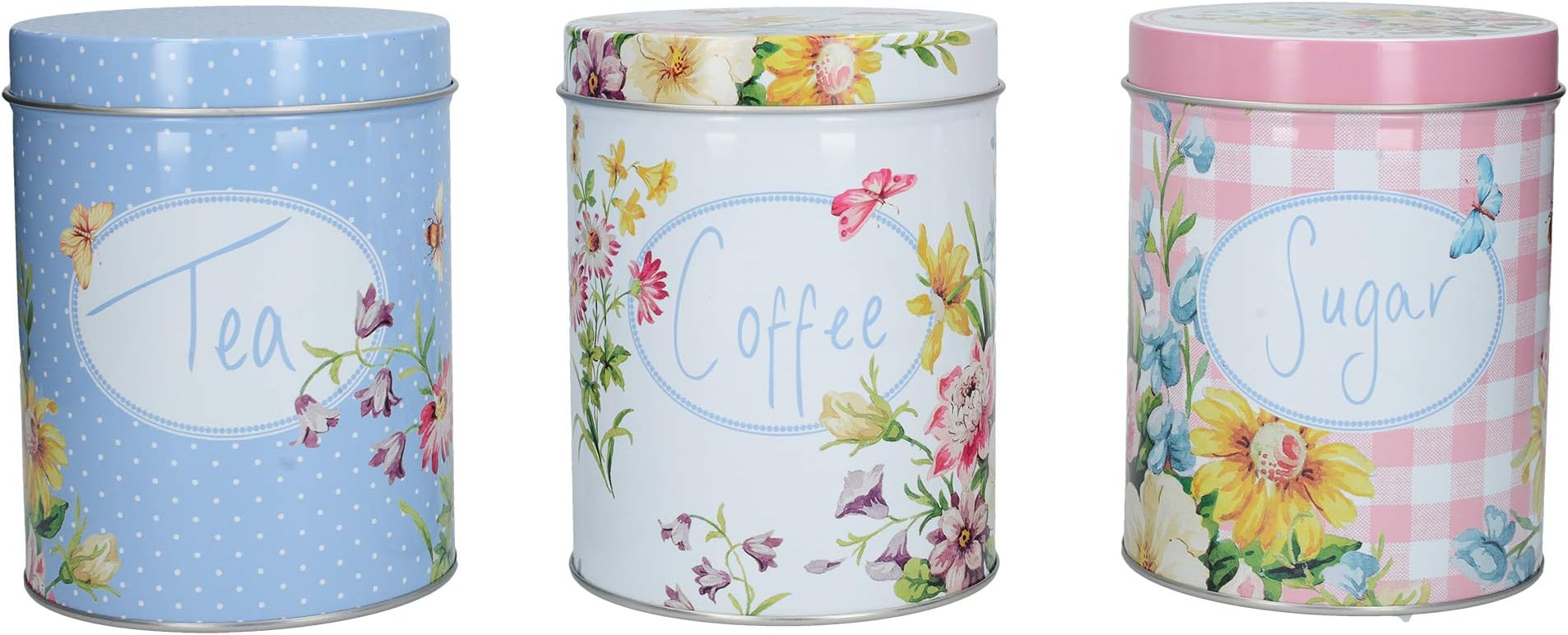 Katie Alice English Garden Tea, Coffee & Sugar Storage Tins, Tin, Multi-Colour, 10.5 x 13.5 cm, Set of 3