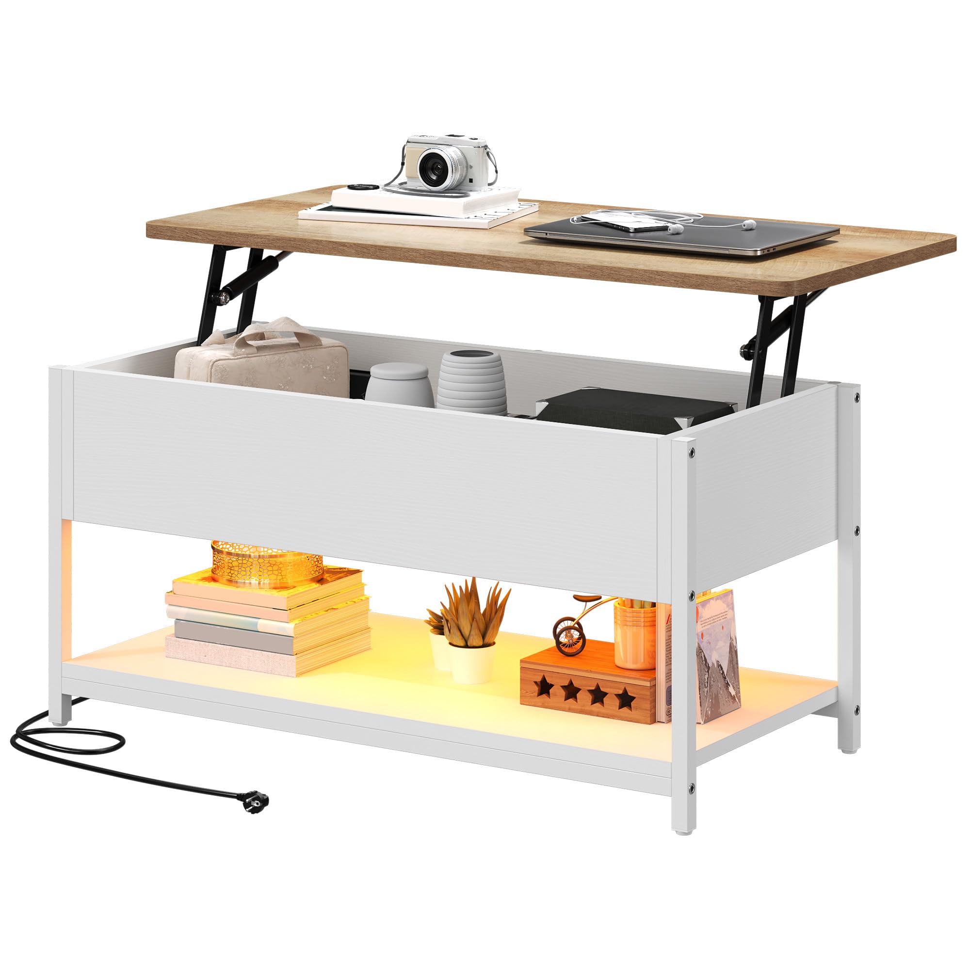DWVO Wohnzimmertisch Höhenverstellbar mit Steckdose und 16-farbigem LED-Lichtstreifen, Couchtisch mit Verstecktem Stauraum für Wohnzimmer, Schlafzimmer und Büro, 100x50x(49-63.5) cm