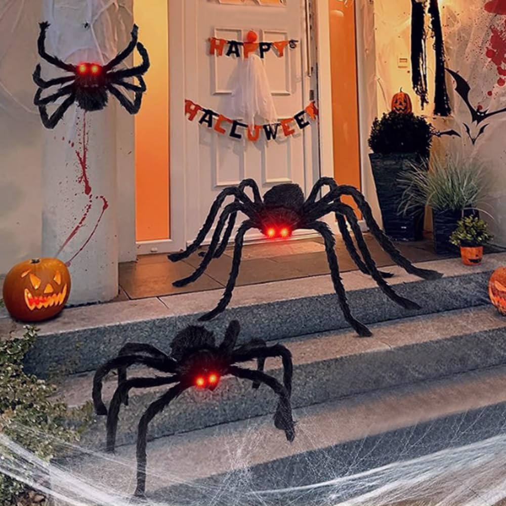 Bseical 3er-Set Halloween-Spinnen mit leuchtenden roten Augen (2×90 cm, 1×75 cm)