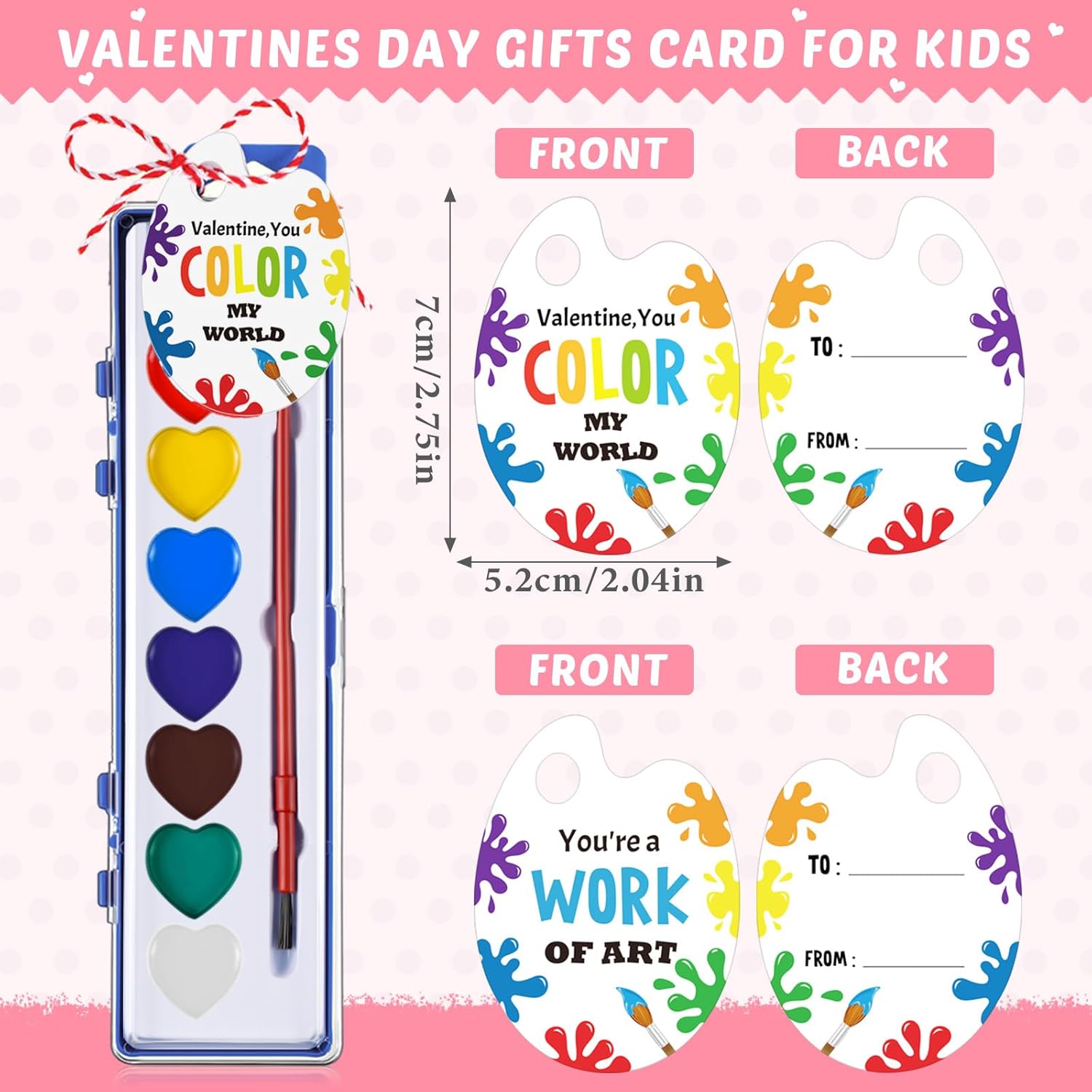 Sabary 50 Pack End of School Year Gift for Student Watercolor Paint Set Bulk with Card and Rope 8 Washable Watercolor Paint with Brush for Last Day of School Classroom Kid Art Party Favor (Heart)