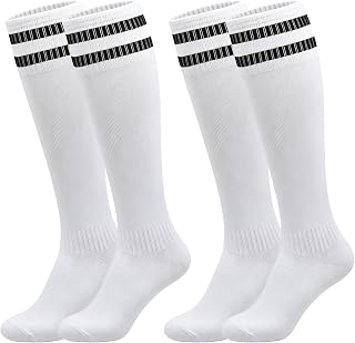 Kids Soccer Socks for Boys Girls 2 Pairs Striped Knee High Tube Socks Football Uniform Sports Socks 6-12 Y