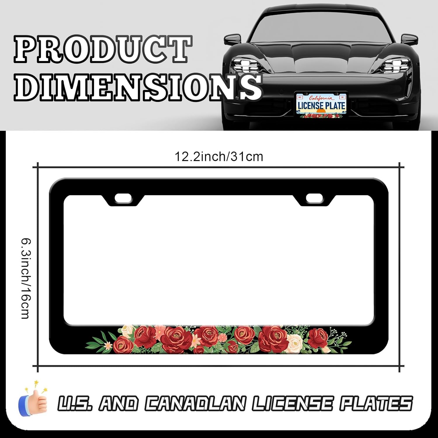 Red Rose Flower License Plate Frames - 2 Pack Beautiful Floral License Plate Holder, Aluminum Metal Rust-Proof Waterproof Car Decorative Tag Frame for Standard US Canada 12x6 Inch - Image 2