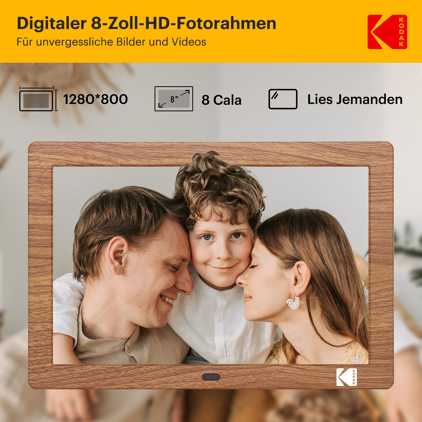 KODAK Digitaler Bilderrahmen 8 Zoll 1280x800 IPS-Bildschirm 178° Betrachtungswinkel USB SD-Karte Fernbedienung
