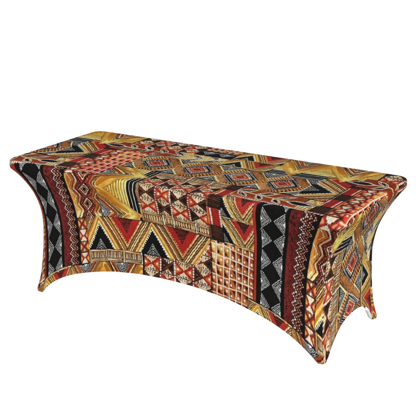 DCEHGEW 6FT Spandex Rectangular Table Cloth, African Textile Patchwork Printed Fitted Elastic Tablecloths Washable Table Cover for Event, Wedding, Banquet & Party