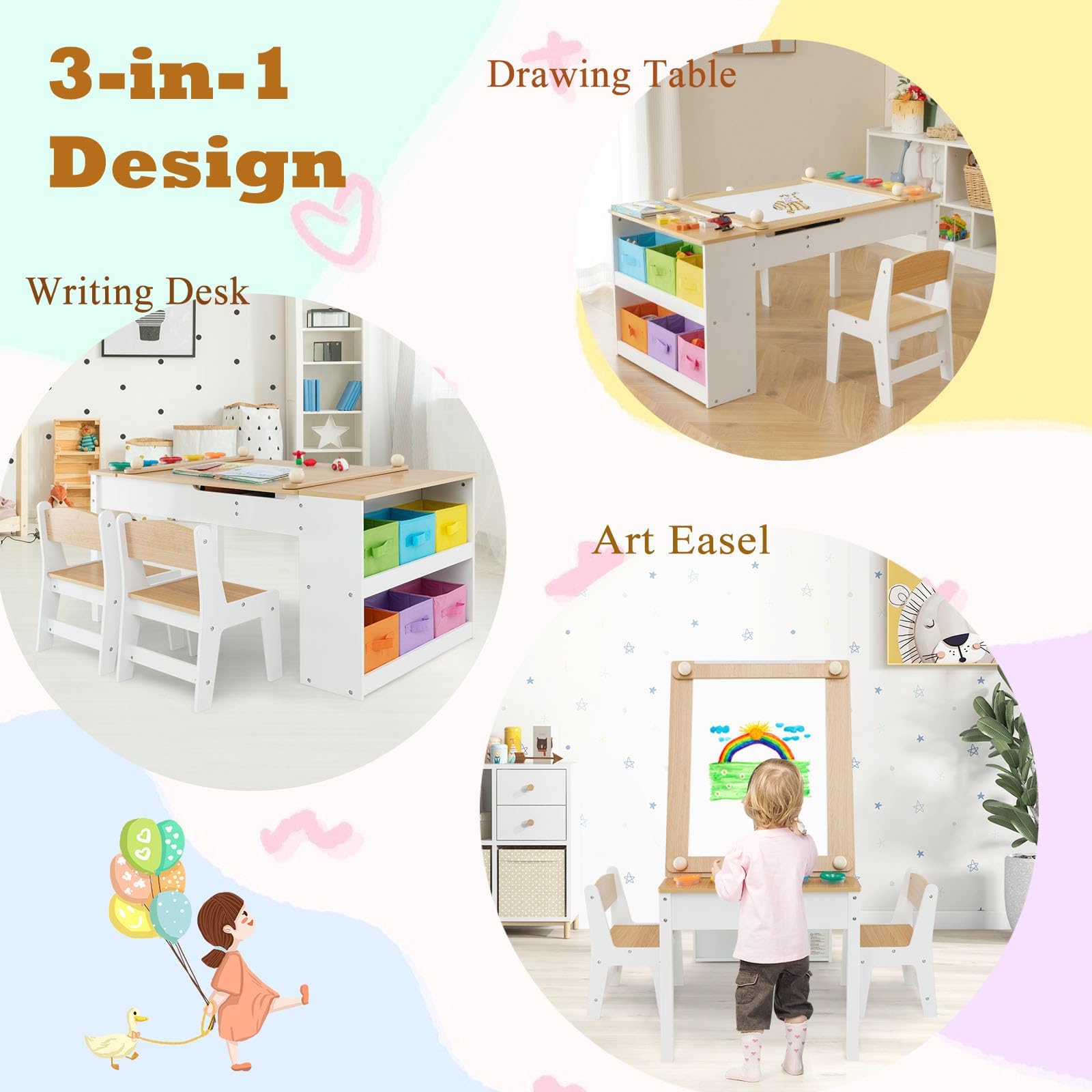 LIFEZEAL Tavolino Bambini, 3 Pezzi in Legno, Tavolo per Bambini con Sedie, Tavolo Artistico, con Piano Sollevabile, Rullo di Carta, Vaschette per Vernici e 6 Contenitori, per Bimbi 3 Anni + (colorate)
