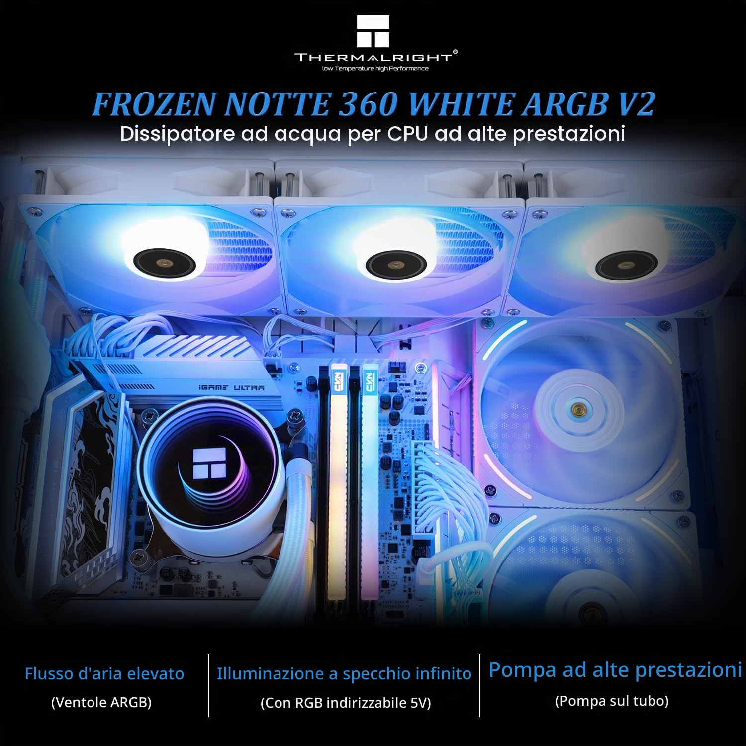 Thermalright Frozen Notte 360 WHITE ARGB Raffreddamento ad acqua CPU Cooler, 360 Bianco CPU Cooler Specifiche, 3 ventole PWM, S-FDB V2 Cuscinetti, Adatto per AMD/AM4 AM5, Intel LGA