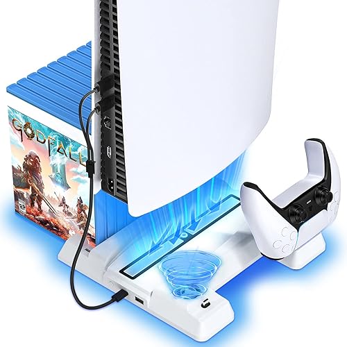PS5 Horizontal Stand Compatible with PS5 Disc & Digital Editions, PS5 Stand with Cooling Fan and Controller Charger, PS5 Cooling Station for PS5