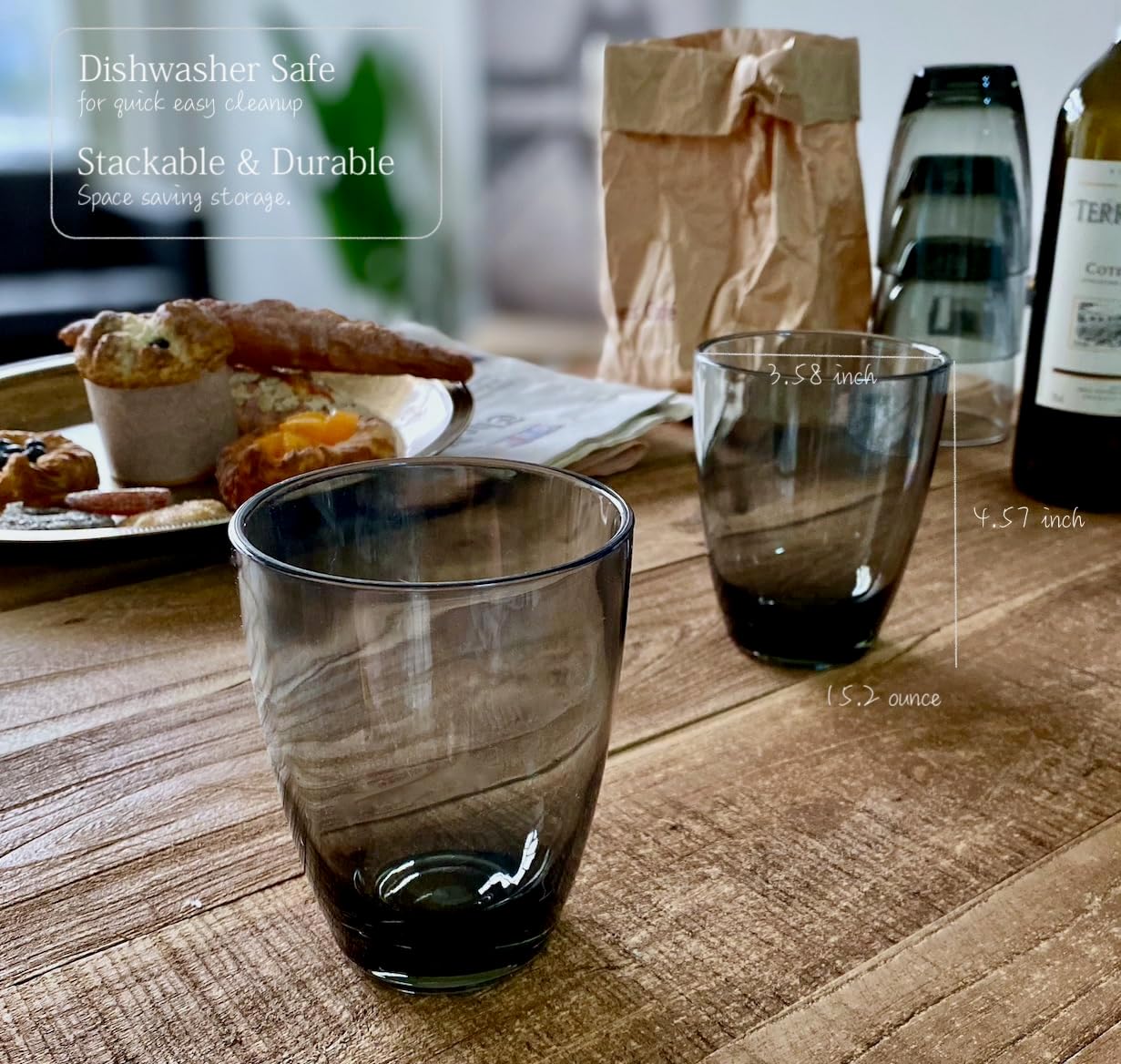 KLIFA- ETON- 15.2 & 20.8 ounce, Set of 8, Acrylic Tumbler & Highball Drinking Glasses Set, Stackable Plastic Drinkware, Dishwasher Safe Cups, Gray-Black - Image 2