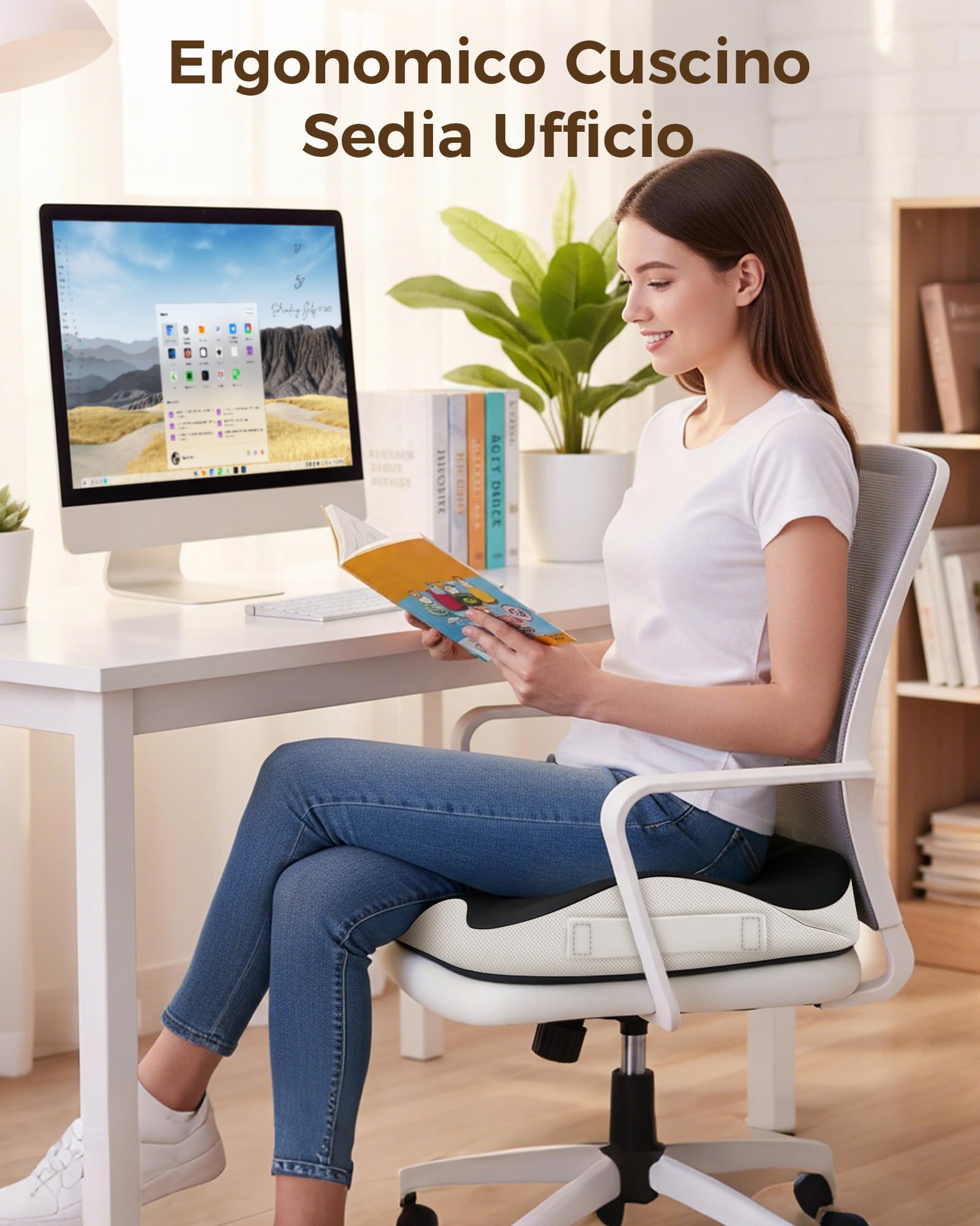 Feagar Cuscino Sedia Ufficio in Memory Foam Alta Densità per 60-90kg | Con pratica maniglia e fondo antiscivolo. Ideale per seduta prolungata, auto, home office e studio, comfort quotidiano.