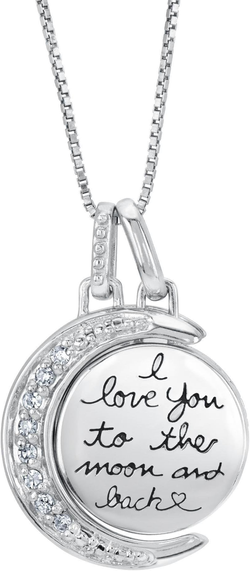 REEDSWomen's 925 Sterling Silver I Love You To The Moon And Back Circular Pendant Necklace, 1/15 ctw (Carat Total Weight) Diamond Filled Moon Shaped Pendant, 18" (Inch) Box Chain Necklace With Lobster