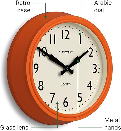 Miniatura 3 de JONES CLOCKS® Reloj de pared Telecom | Reloj redondo retro vintage | 10.5 pulgadas | naranja | Versión moderna de un clásico vintage para cocina,