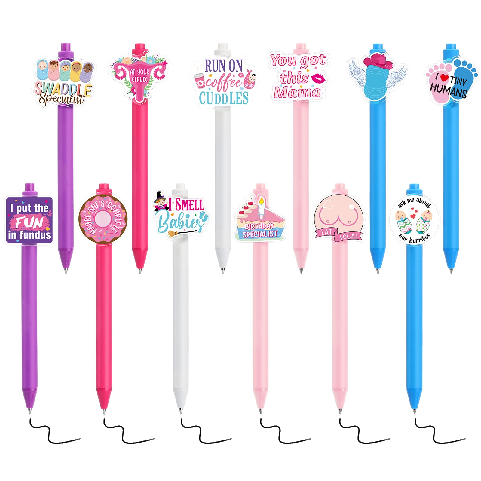 Fuyoooo 12 Pcs Labor and Delivery Nurse Pens Funny Nursing Ink Ballpoint Pens Retractable Cartoon Cute NICU Obstetrics Nurse Gifts for RN Medical