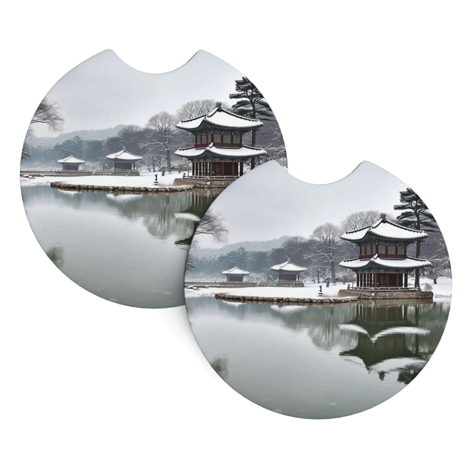 2 Pack Car Coaster for Cup Holders Korea Winter Lake Car Cup Coaster 2.7" Neoprene Non-Slip Automotive Cup Mat Universal Auto Car Interior Accessories for Women Men Cup Pad