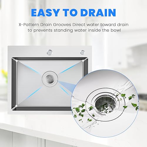 Miniatura 9 de POPFLY Fregadero de cocina de 20 x 16 pulgadas, fregadero de cocina profundo hecho a mano de acero inoxidable 304 con 2 agujeros, cepillado