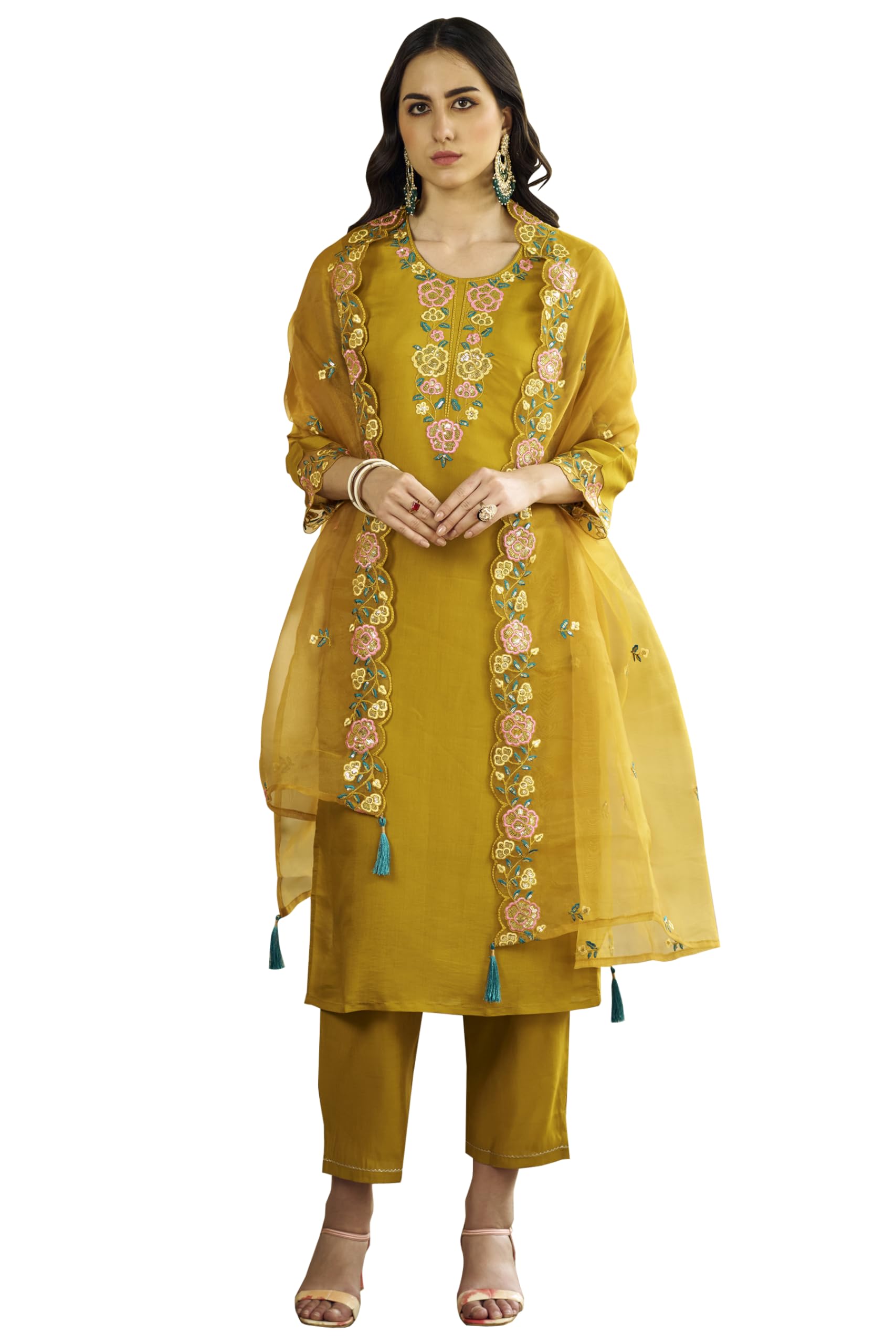 Women's Viscos Roman Silk Kurta Pant Set with Organza Dupatta-image-46