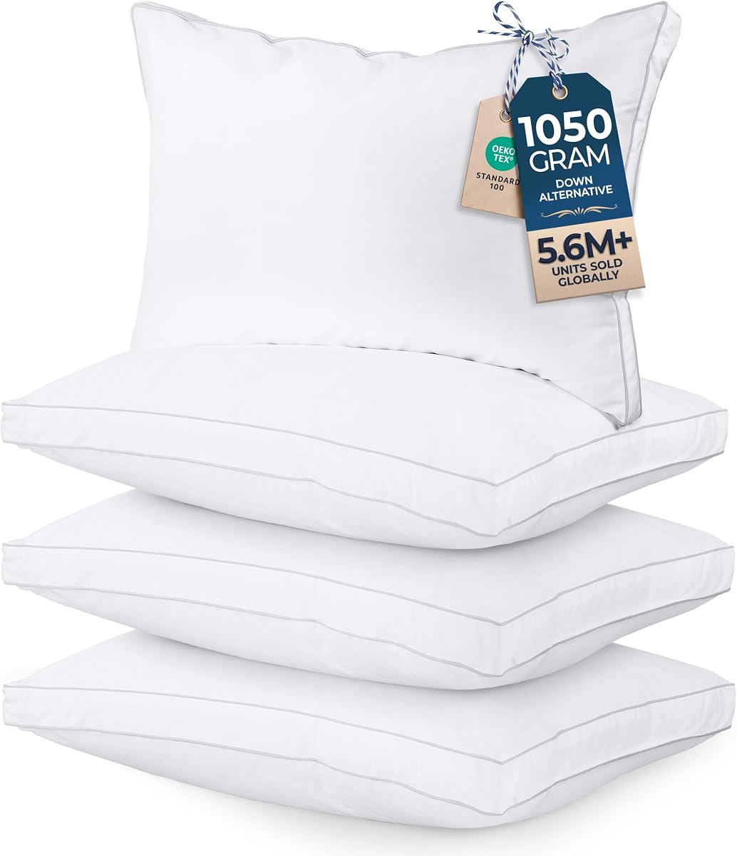 Utopia Bedding Gusset Bed Pillow, Hotel Pillows Queen Size Set of 4, White | Cotton Blended Down alternative pillows for sleeping, soft fluffy cooling comfort for Back, side & stomach sleepers, 4 pack