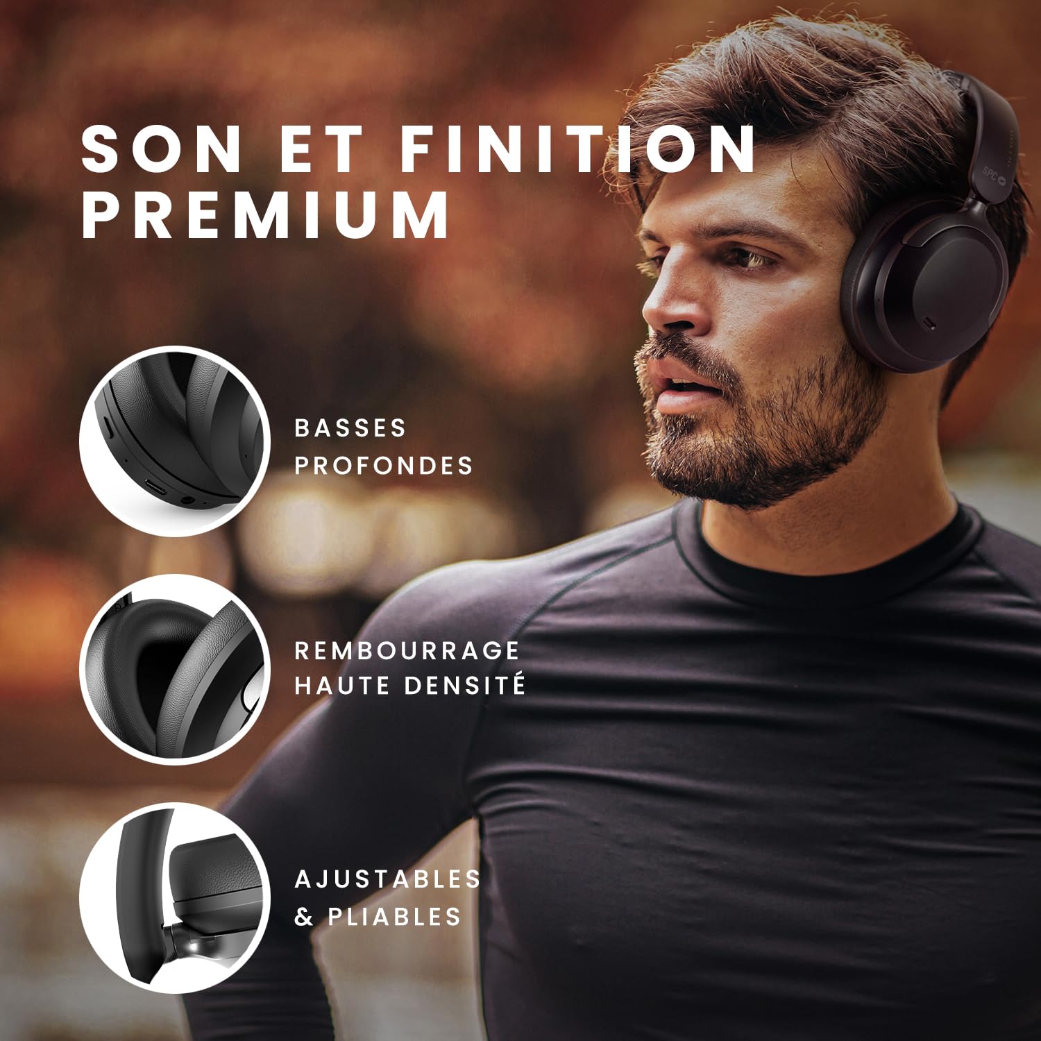 SPC Heron 2 Pro - Casque sans Fil Bluetooth | ECO | Batterie 75h | Annulation de Bruit (ANC) | Double Connexion simultanée | Mode Gaming | Réglables et Pliables, Noir, Plastique recyclé