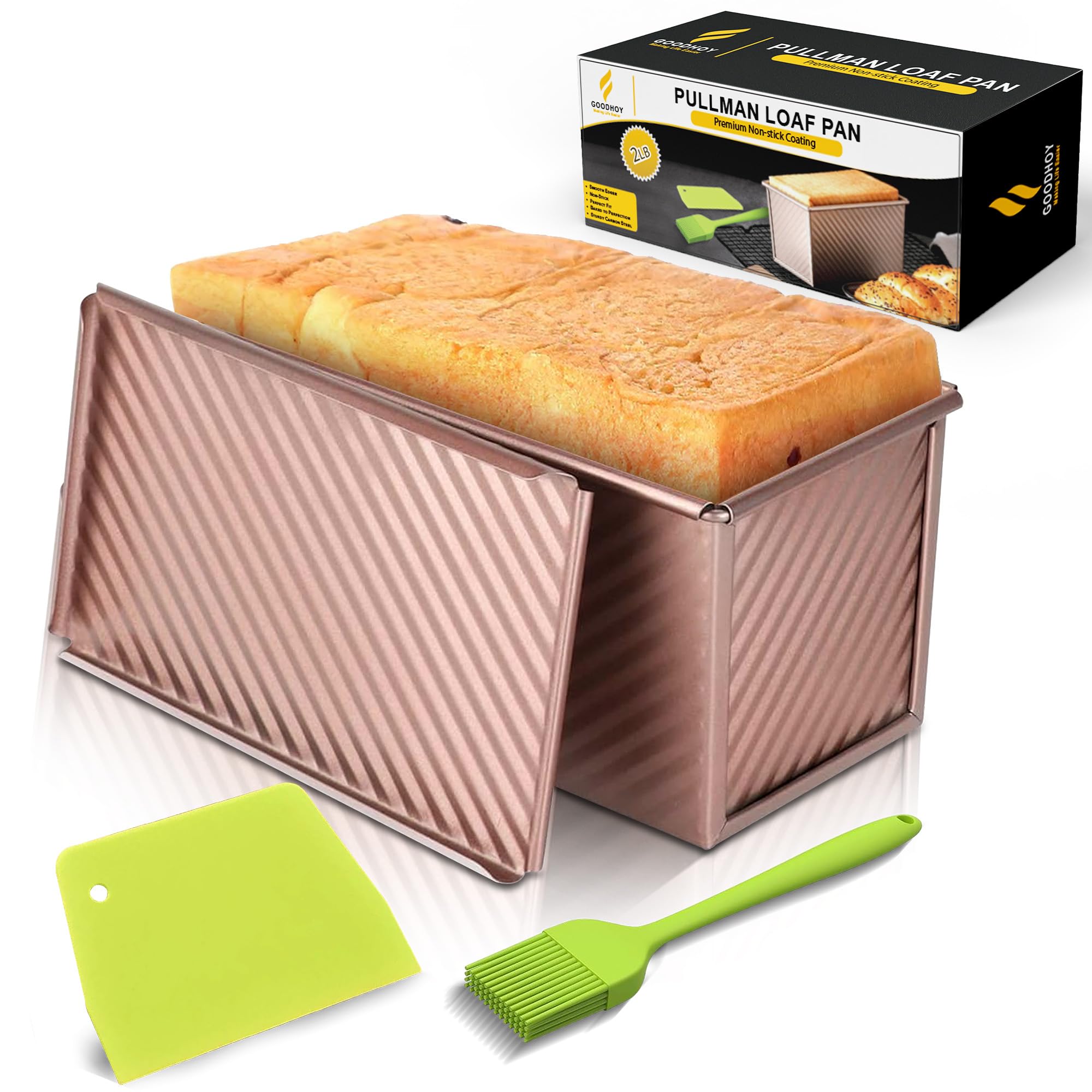 2.2lb set Nonstick Pullman Loaf Pan With Lid For Homemade Bread. Sandwich Bread Baking Mold With Sliding Lid, Durable Toast Box For Square Loaf Shokupan Soft Milk Bread & Gift Box Included.