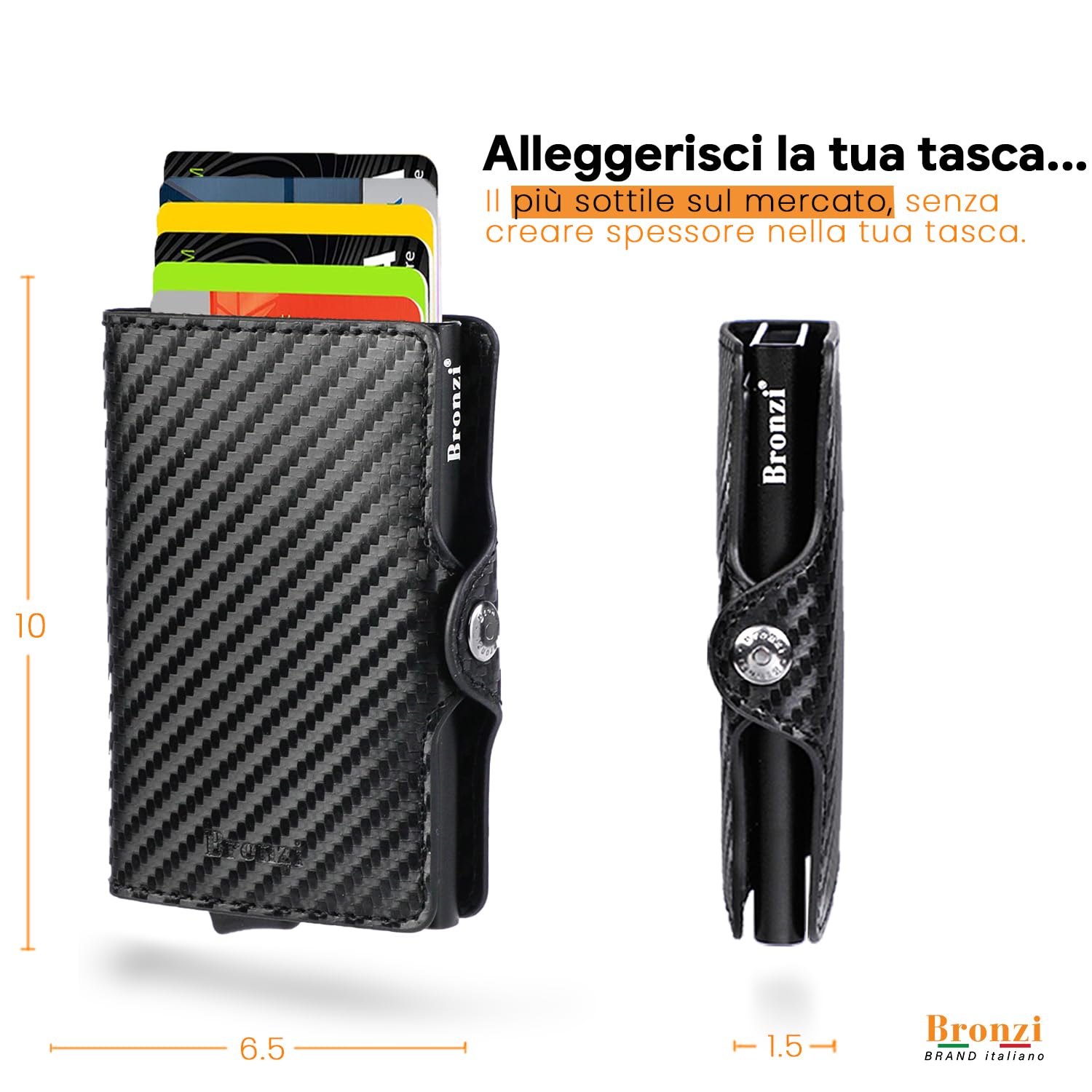 Bronzi® Portafoglio Uomo Slim Piccolo | Portacarte Uomo Donna Portatessere Porta Carte Di Credito | Portafogli Mini Protezione RFID con Portamonete | Box Regalo - Brand Italiano