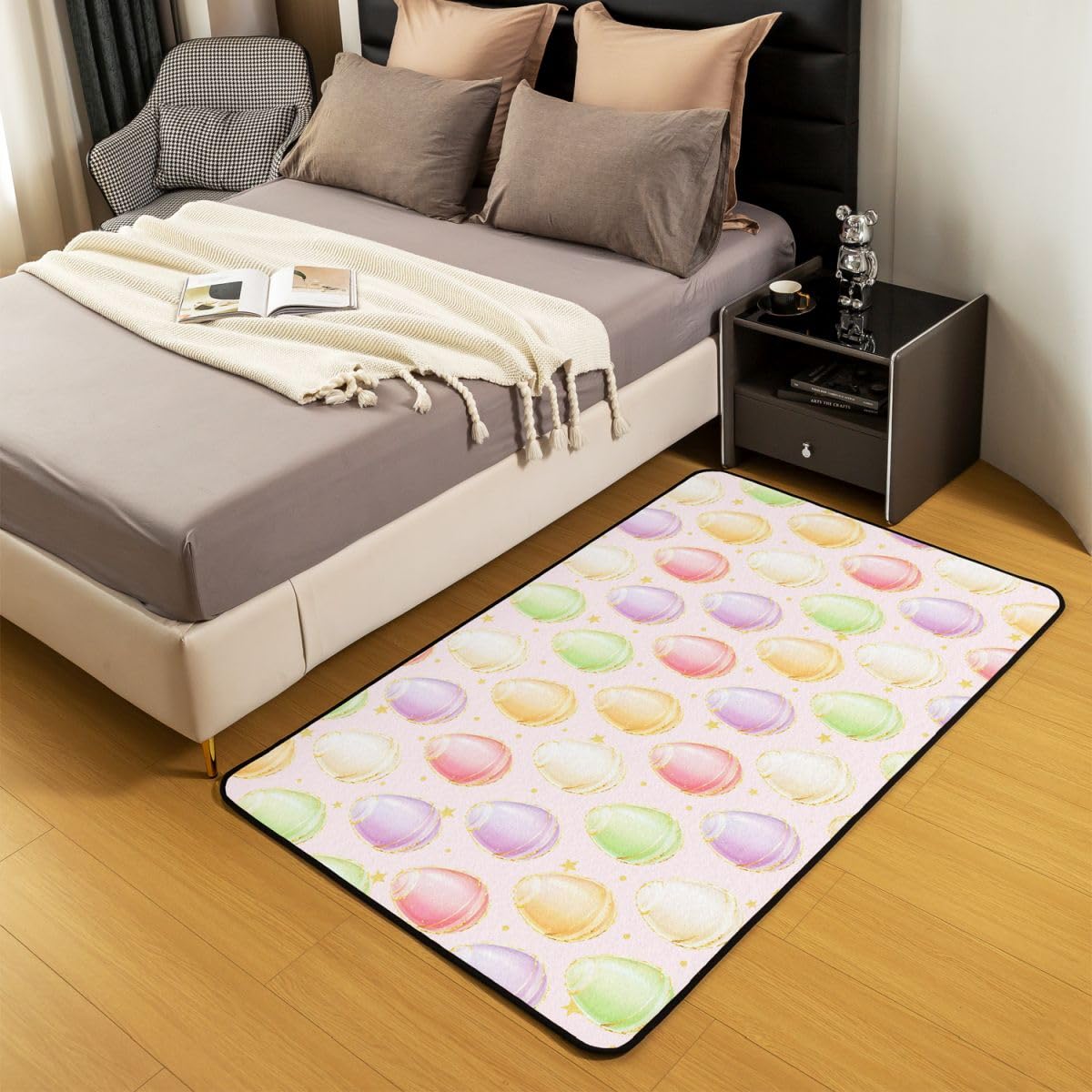 Manfei Alfombra antideslizante con diseño de huevos coloridos de Pascua, con estampado de estrellas y purpurina dorada, con diseño de huevos de arco iris, alfombra de entrada, color rosa dulce