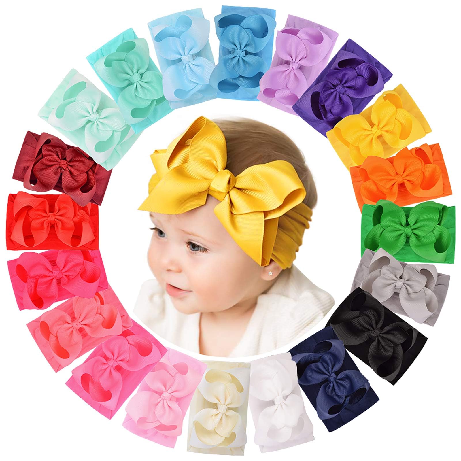 Doboi großes elastisches Stirnband/Haarband mit Schleife aus Nylon, Turban-Haarschmuck für Neugeborene, Säuglinge, Kleinkinder und Kinder, 20 Stück 15,2 cm