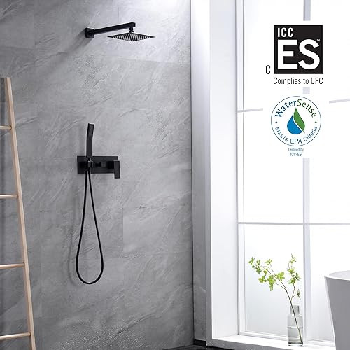 Miniatura 2 de SUMERAIN Sistema de ducha de lluvia negro mate con ducha de mano, válvula mezcladora de ducha de equilibrio de presión