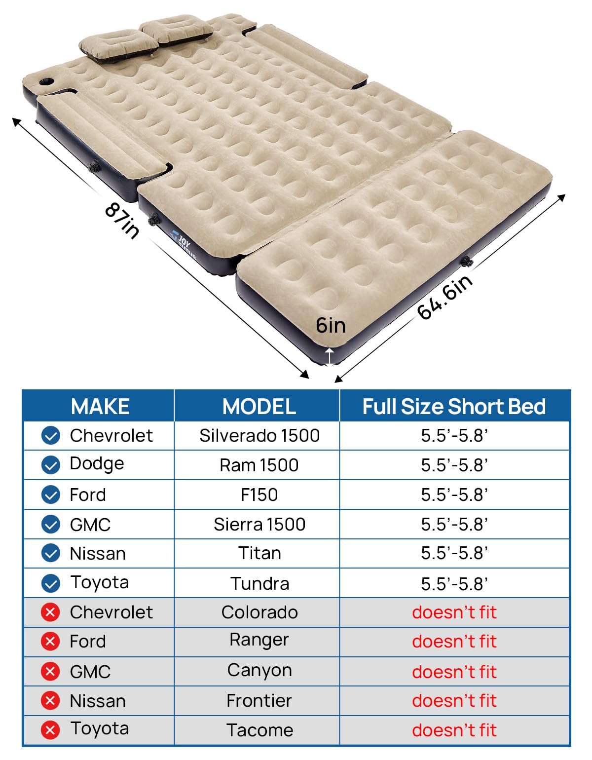 JOYTUTUS 5.5-5.8Ft Truck Bed Air Mattress with Removable Tailgate Extension,Thickened Inflatable Full Size Short Truck Beds, with Air Pump&2 Pillows,Camel&Black