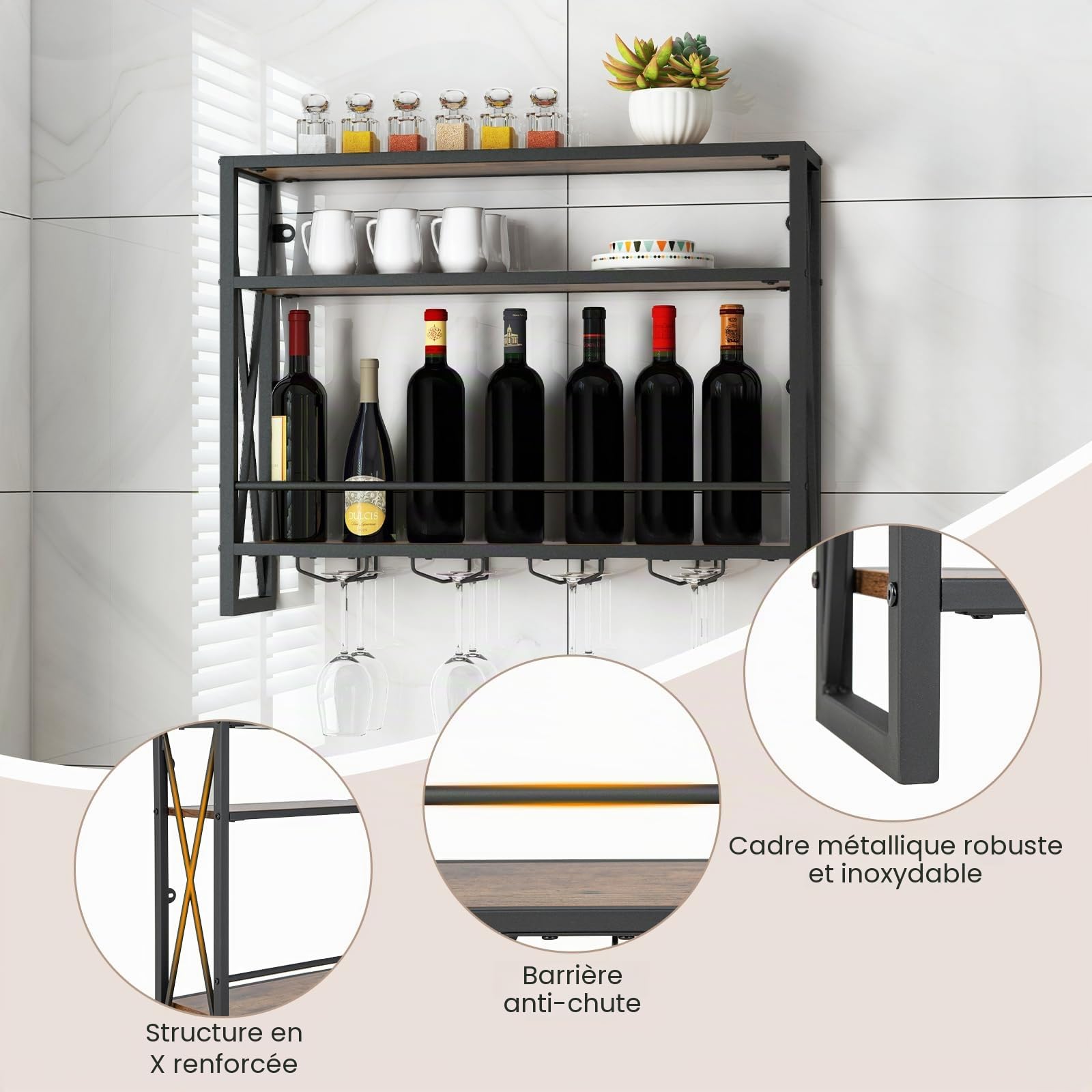 GIANTEX Étagère mural à vin à 3 niveaux avec support en verre - Étagère en bois et métal - Industrielle flottante pour cuisine, maison - 80 x 20 x 63 cm