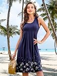 KILIG Women Summer Casual Floral Pleated Midi Sleeveless Knee Length Tank Beach Sun Dresses