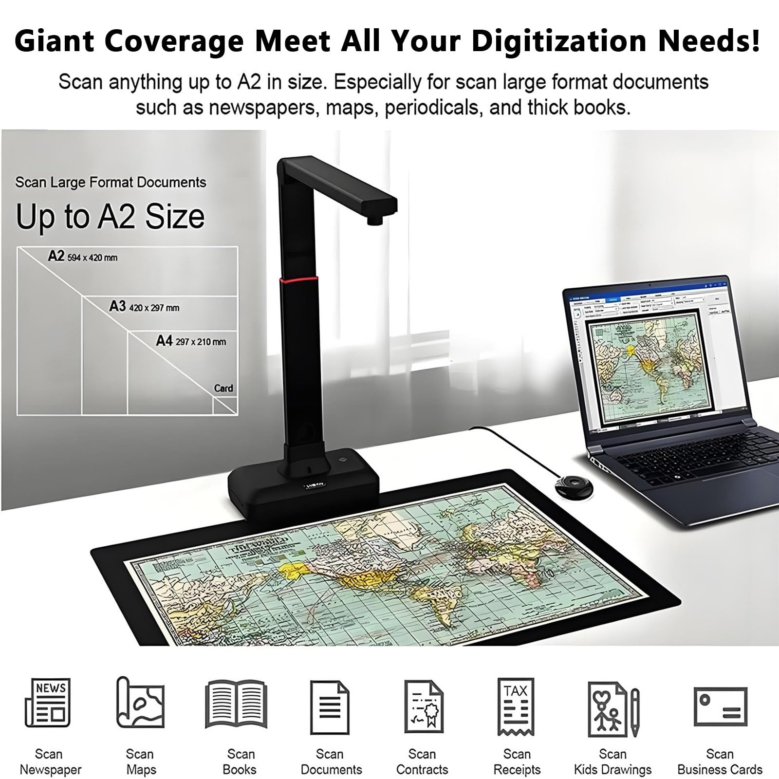 Scanner per Libri - Scanner Portatile Da 23 Mp Max A2. Ideale per Periodici, Libri, Documenti. Supporta A3/A4/A5, Schede. Ocr Multilingue, Mac/Windows