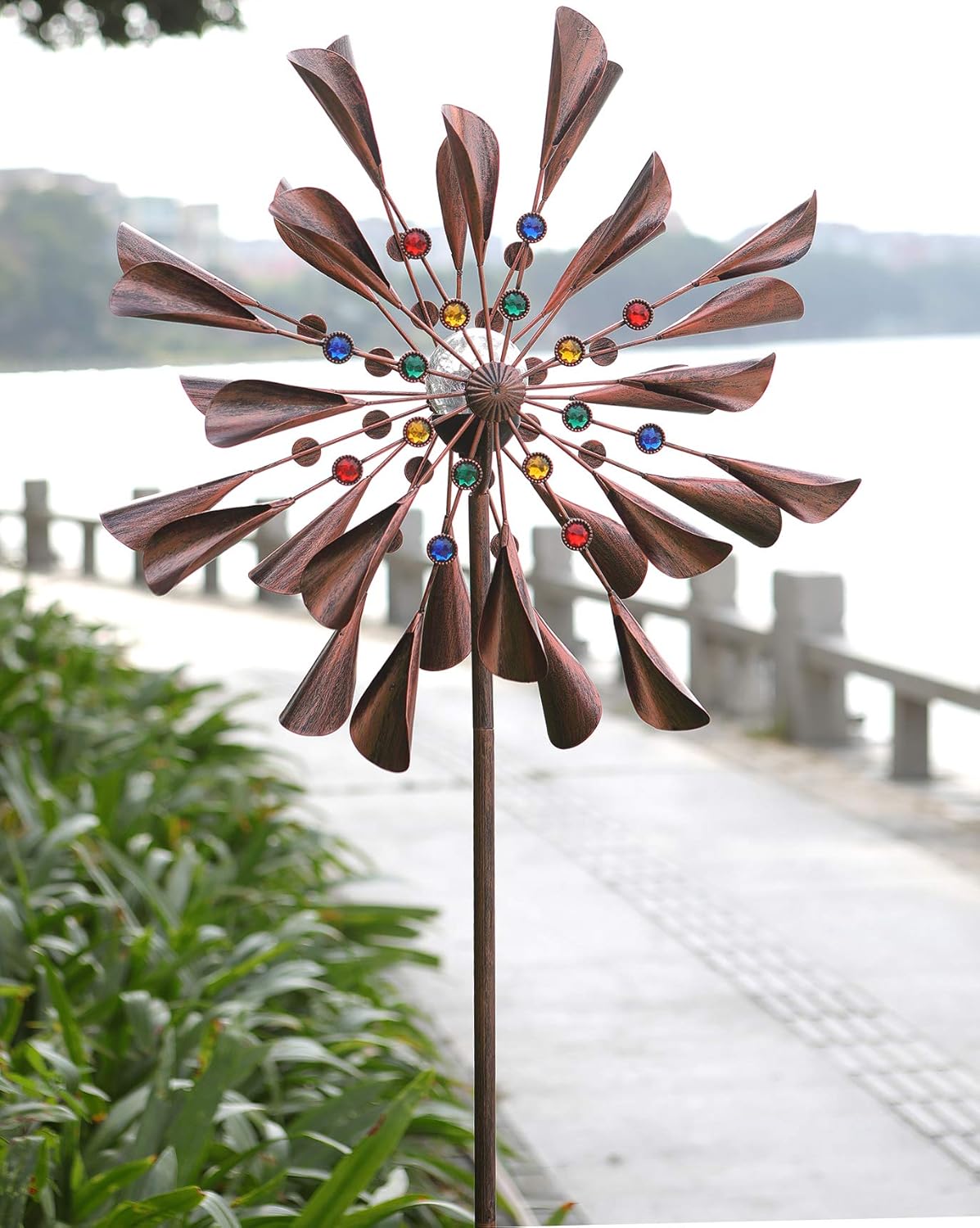 Large Copper Kinetic Wind Spinner with LED Lights