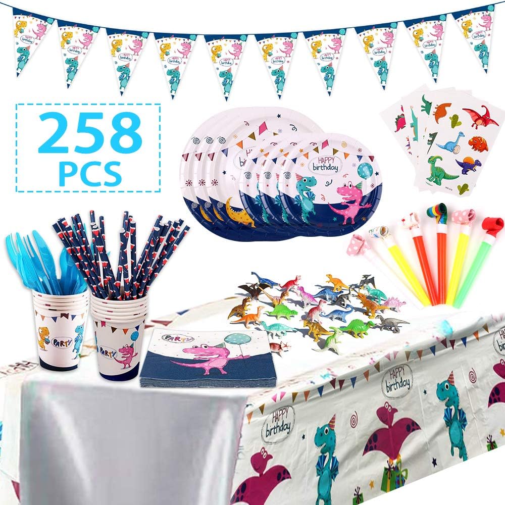Dinosaur Party Supplies, Complete Party Supplies for Boys and Girls Including Plates, Cups, Napkins, Tablecloth, Banner, Dinosaur Toys, Blowing Dinosaurs, Spoons, Forks and Knives, Serves 24