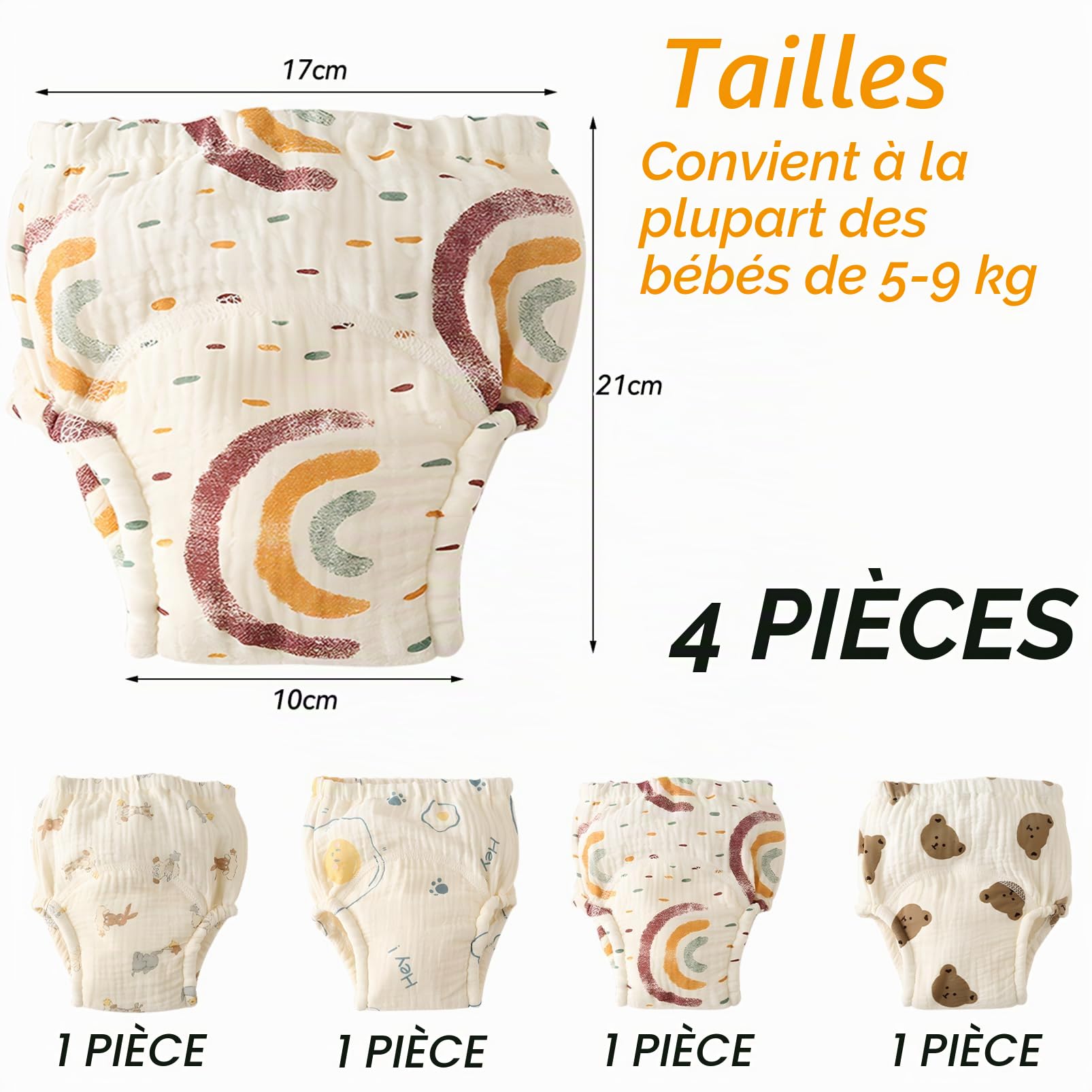 Couches en tissu réutilisables, lavables pour la plupart des bébés et enfants (5 à 9 kg)