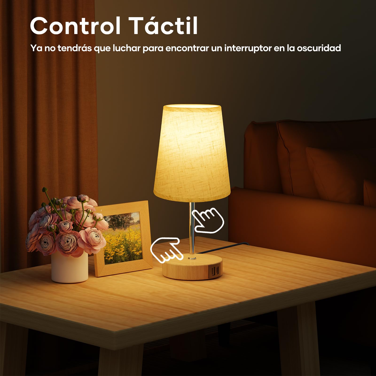 Suright Lámparas de Mesita de Noche Táctil con Puertos de Carga USB A+C, Lámpara de Noche Regulable con 3 Niveles de Brillo, Lámpara de Mesa Pequeña para Dormitorio Salón Oficina (Bombilla Incluida)