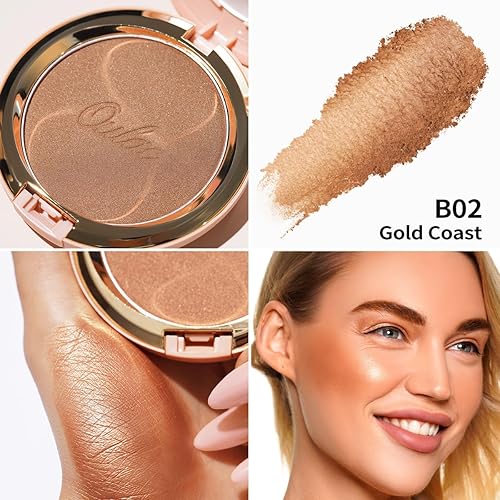 Miniatura 4 de Oulac Shimmer Bronzer - Maquillaje facial en polvo con espejo, aspecto bronceador natural SunKissed, altamente pigmentado, brillo de larga duración,
