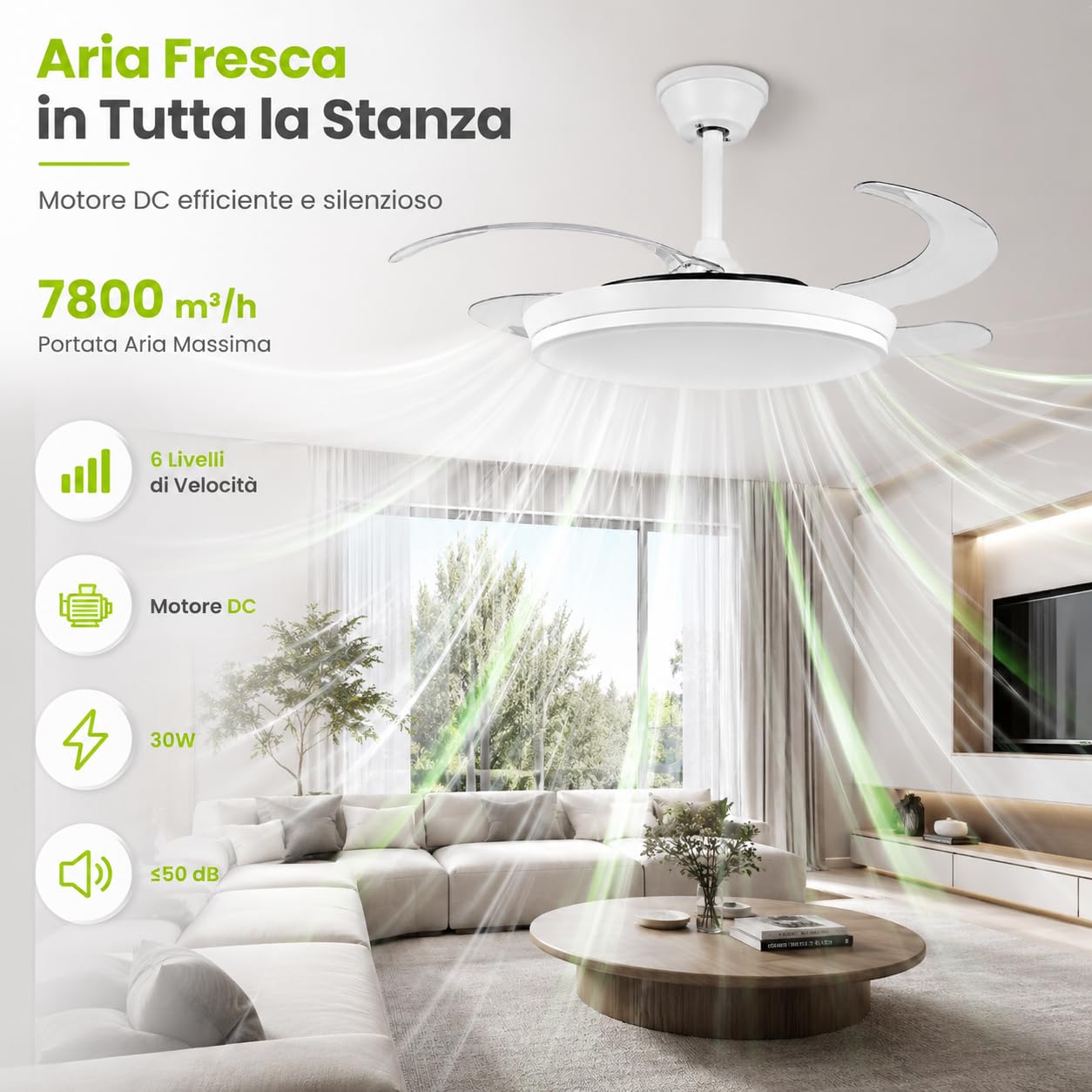 Ventilatore da Soffitto con Luce LED 36W e Telecomando | Pale Retrattili 106 cm | 6 Velocità Motore DC | CCT 3000K 4000K 6500K | Lampadario Ventilatore Moderno