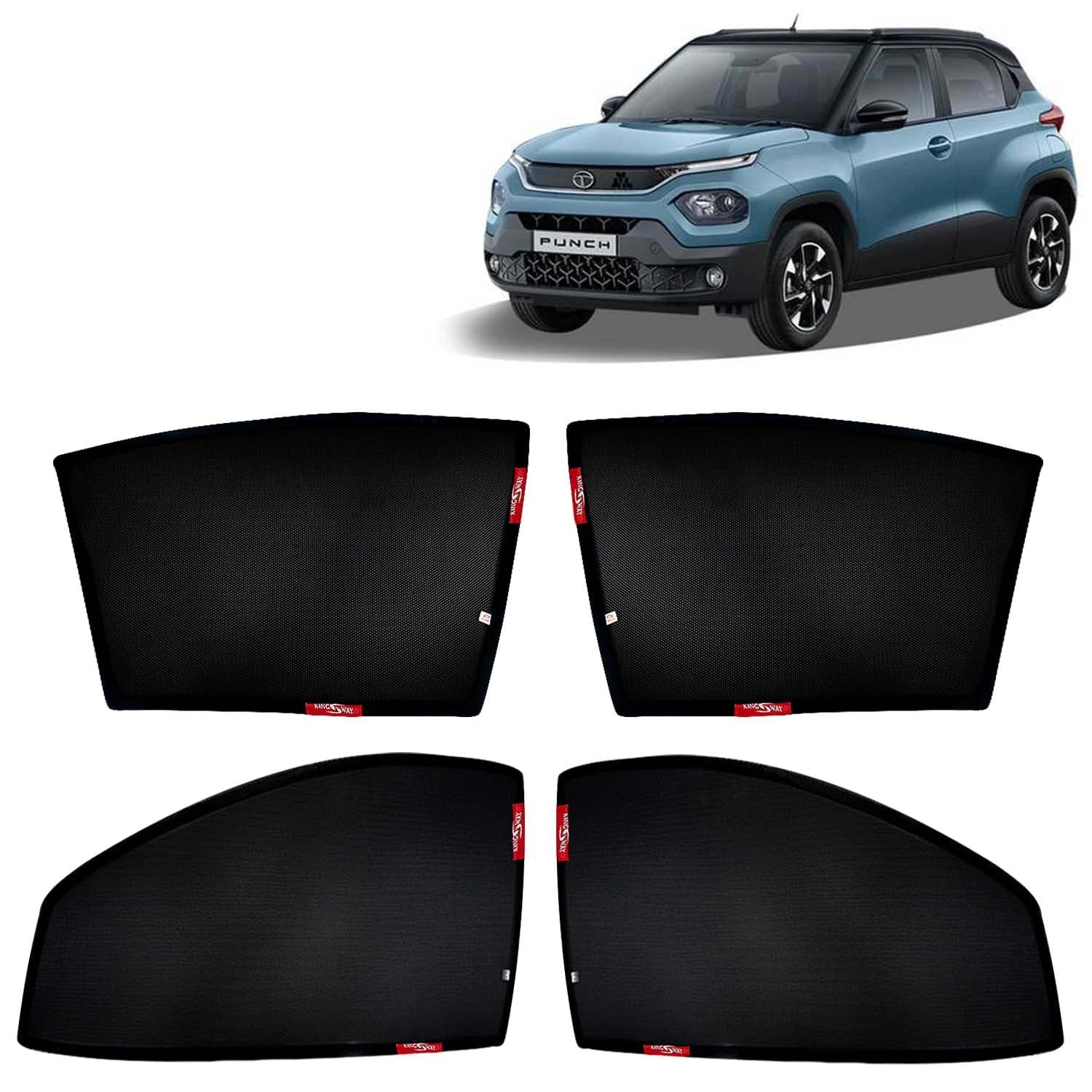 KINGSWAY Accessories Car Sun Shade Z-Black Non Magnetic Fix Type Curtains Only Compatible with Tata Punch Year 2021 Onwards All Model, Only Half Cut in Front Window, Car Curtains, Pack of 4 Pcs
