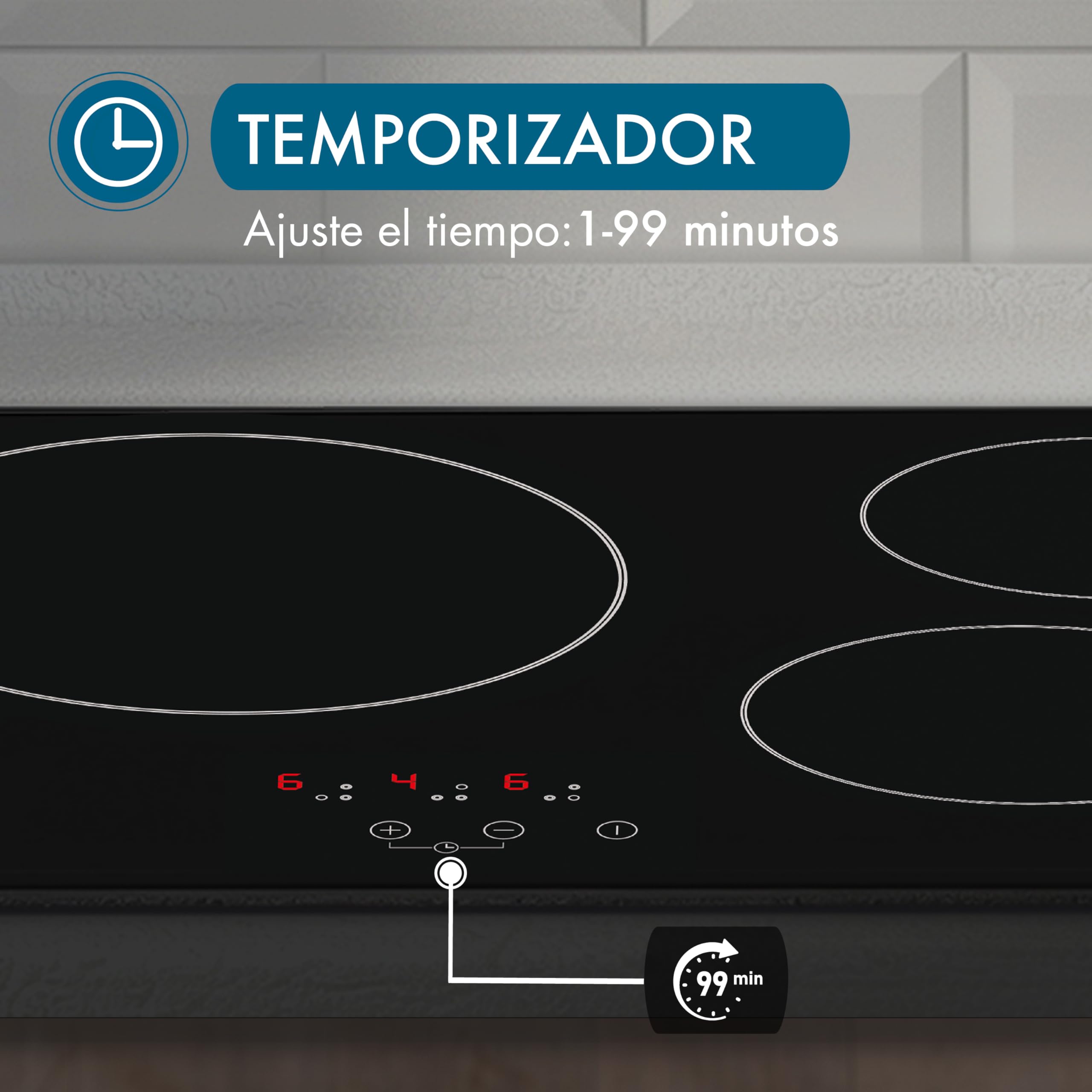 Placa Vitrocerámica Apelson AVT 3600 60cm 3 Zonas Touch Control 9 Niveles de Potencia