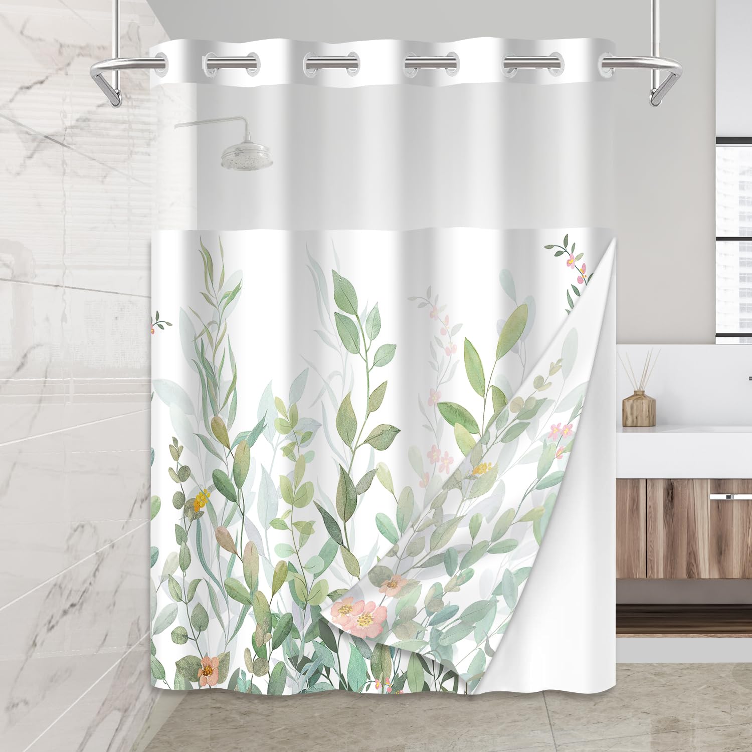 Mightree No Hook Shower Curtain Set with Snap in Fabric Liner for Bathroom,with See Through Top Window,Double Shower Curtain with Detachable Liner