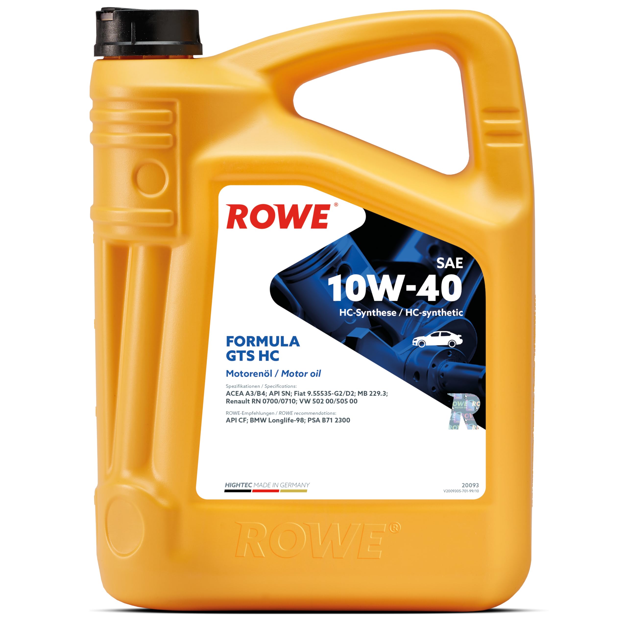 ROWE Aceite de motor 10W-40 Formula GTS HC ACEA A3/B4 API CF API SN 5L Compatible con VW Polo V Hatchback 6R1, 6C1 up! Hatchback 121, 122, BL1, BL2, BL3, 123 Golf 7 Hatchback 5G1, BQ1, BE1, BE2 | Aceite de motor suave para motores de gasolina y diésel sin