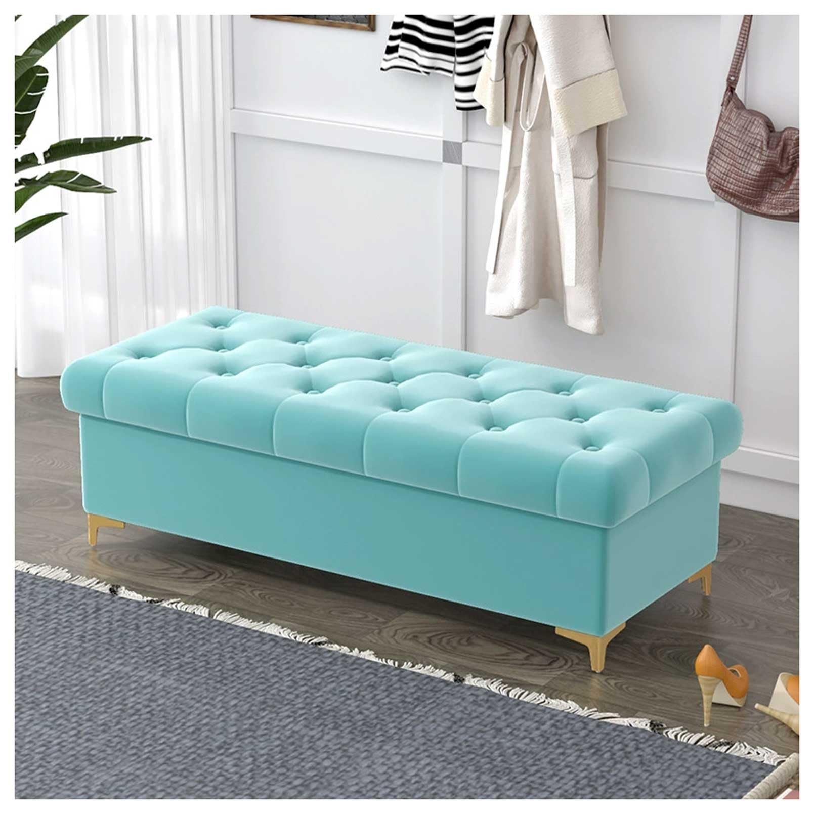 MSHGSKU Light Blue Velvet Storage Bench Ottoman Pouf for Bedroom Shoe Rack Footrest 80x40x40cm Stylish Furniture for Home Hotel Clothing Store