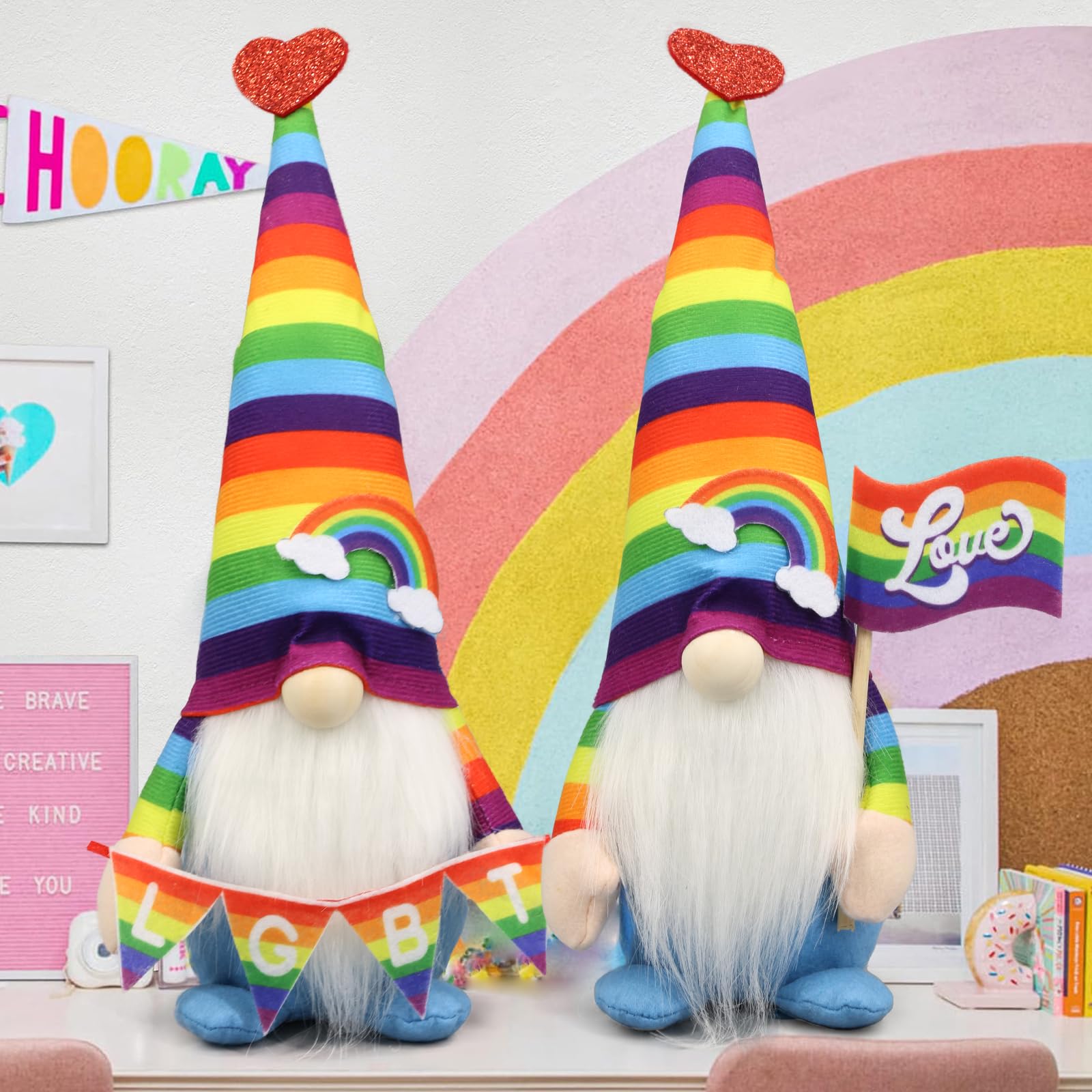 Teeker Pride Decorations for Home, 2PCS Love Gay Stuffed Plush Gnomes for Home - Queer Lesbian LGBT Doll Sign - Rainbow Decor for Pride Month Indoor, Office, Party, Outdoor - LGBTQ Parade Accessories